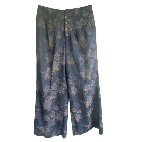 Pilcro Anthropologie Metallic Floral Brocade Wide Leg Pants Blue Gold Sz 30 - Picture 2 of 14